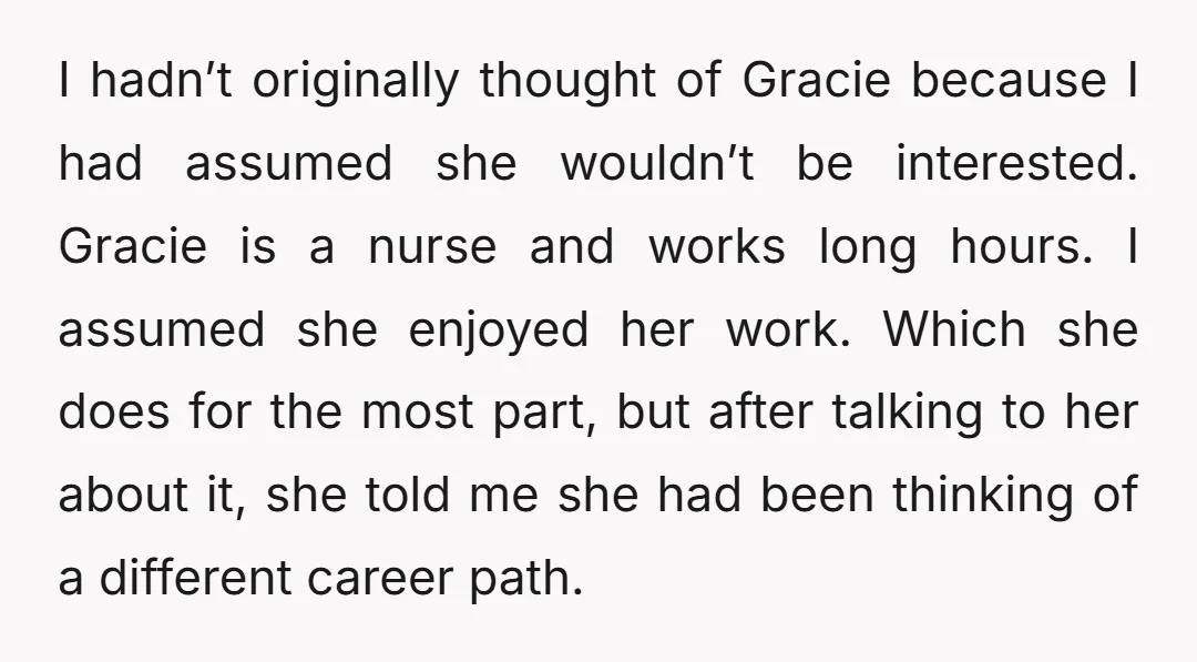 I hadn’t originally thought of Gracie because I had assumed she wouldn’t be interested. Gracie is a nurse and works long hours. I assumed she enjoyed her work. Which she...