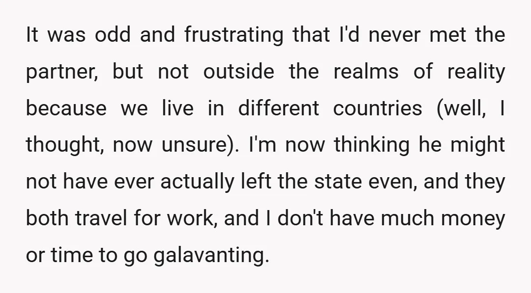 It was odd and frustrating that I'd never met the partner, but not outside the realms of reality because we live in different countries (well, I thought, now unsure). I'm...