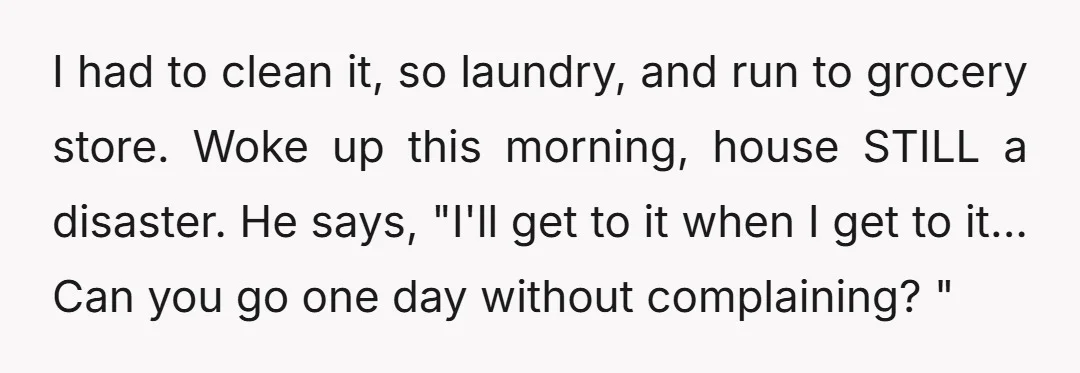 I had to clean it, so laundry, and run to grocery store. Woke up this morning, house STILL a disaster. He says, "I'll get to it when I get to...