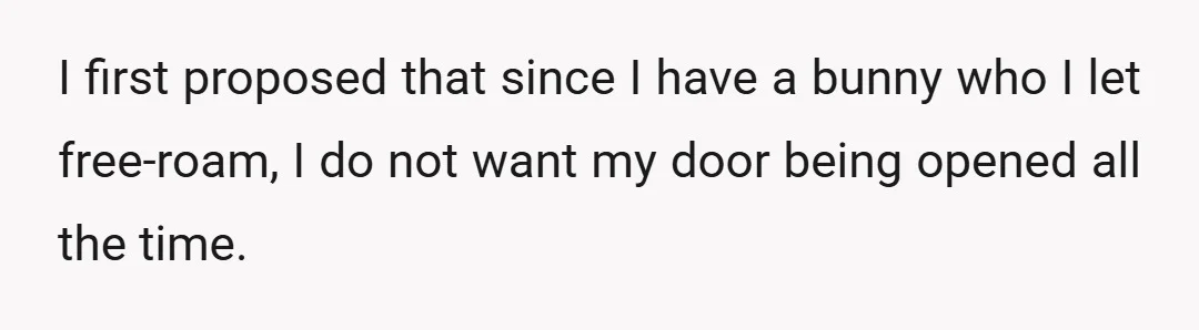 I first proposed that since I have a bunny who I let free-roam, I do not want my door being opened all the time.