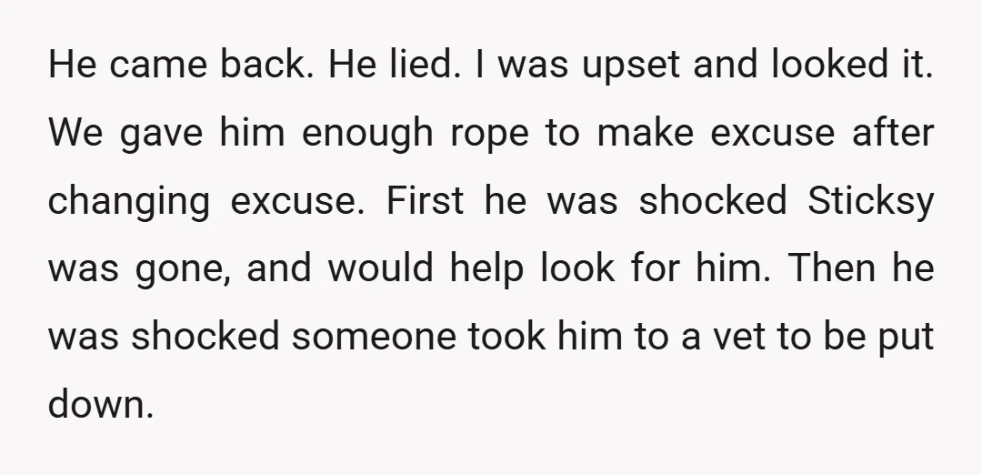 He came back. He lied. I was upset and looked it. We gave him enough rope to make excuse after changing excuse. First he was shocked Sticksy was gone, and...