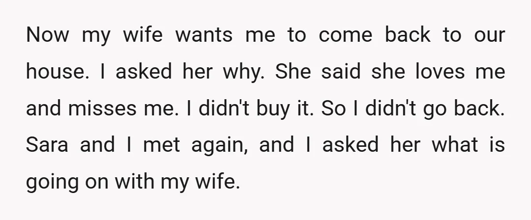 Now my wife wants me to come back to our house. I asked her why. She said she loves me and misses me. I didn't buy it. So I didn't...