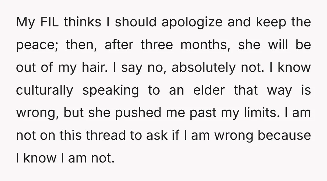 My FIL thinks I should apologize and keep the peace; then, after three months, she will be out of my hair. I say no, absolutely not. I know culturally speaking...