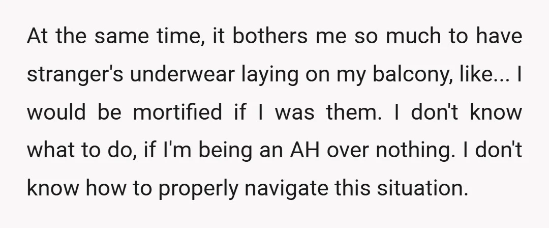 At the same time, it bothers me so much to have stranger's underwear laying on my balcony, like... I would be mortified if I was them. I don't know what...