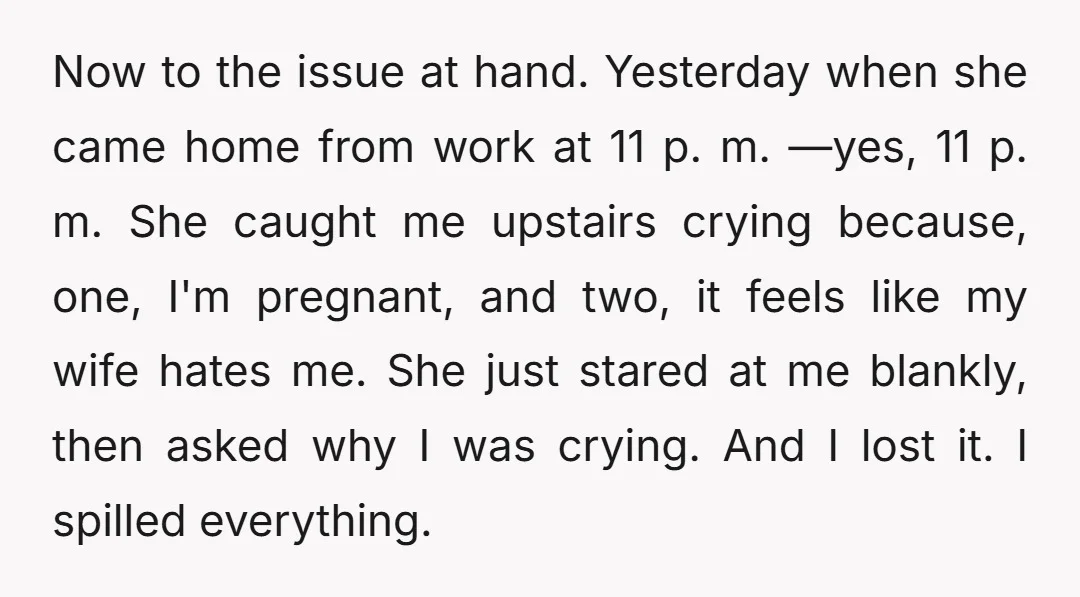 Now to the issue at hand. Yesterday when she came home from work at 11 p. m. —yes, 11 p. m. She caught me upstairs crying because, one, I'm pregnant,...