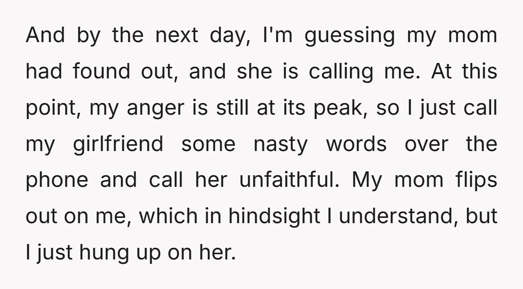 And by the next day, I'm guessing my mom had found out, and she is calling me. At this point, my anger is still at its peak, so I just...