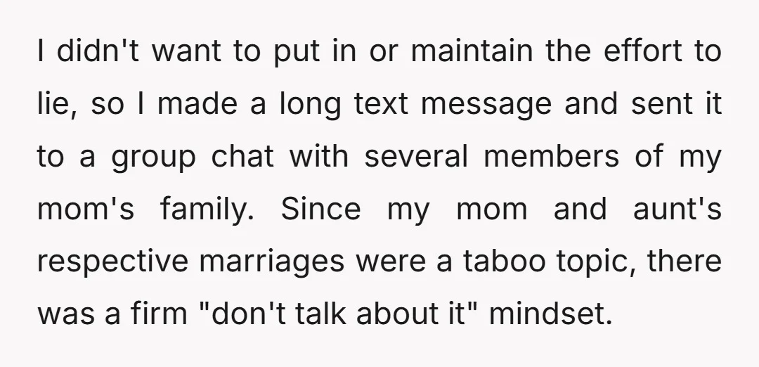 I didn't want to put in or maintain the effort to lie, so I made a long text message and sent it to a group chat with several members of...