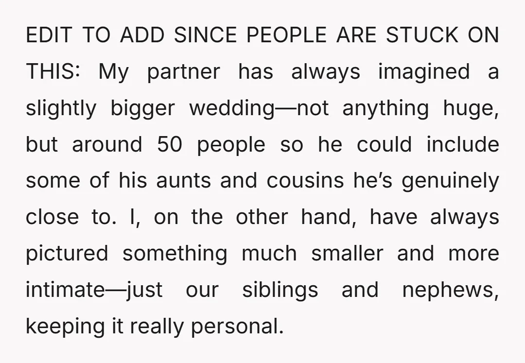 EDIT TO ADD SINCE PEOPLE ARE STUCK ON THIS: My partner has always imagined a slightly bigger wedding—not anything huge, but around 50 people so he could include some of...