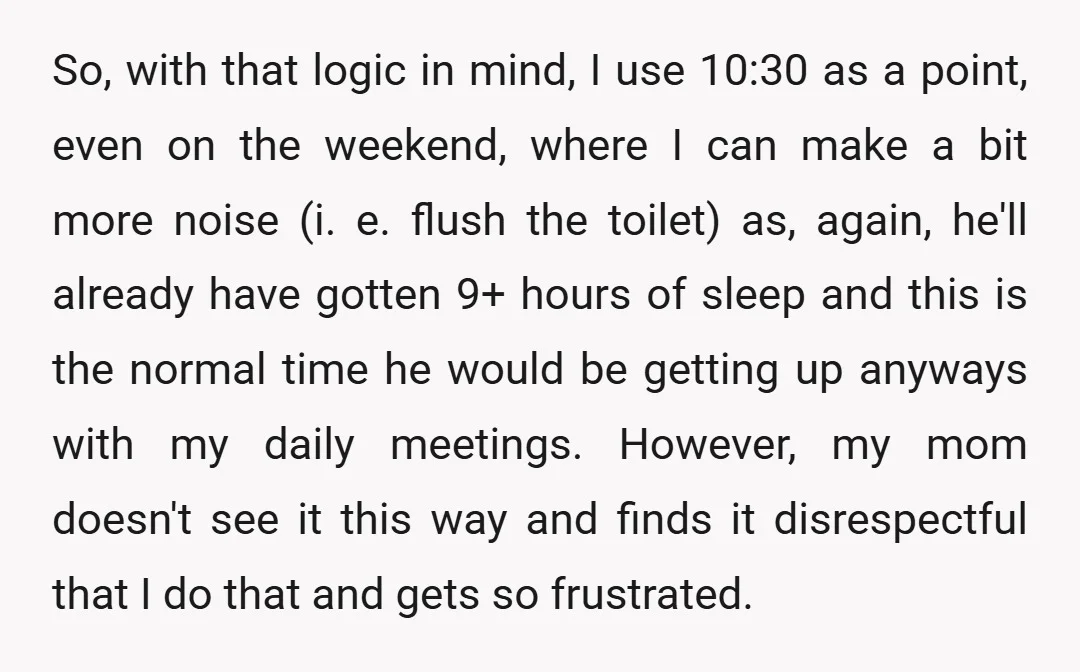 So, with that logic in mind, I use 10:30 as a point, even on the weekend, where I can make a bit more noise (i. e. flush the toilet) as,...