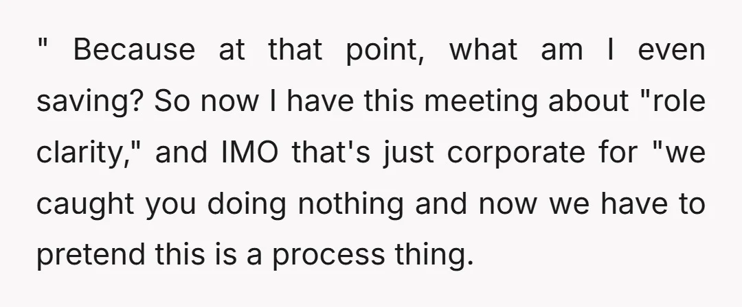 " Because at that point, what am I even saving? So now I have this meeting about "role clarity," and IMO that's just corporate for "we caught you doing nothing...