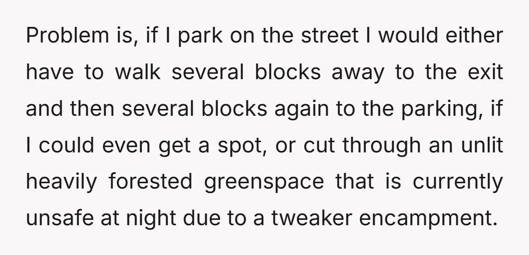Problem is, if I park on the street I would either have to walk several blocks away to the exit and then several blocks again to the parking, if I...
