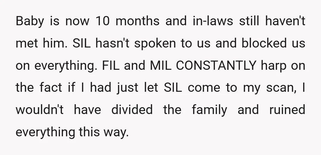 Baby is now 10 months and in-laws still haven't met him. SIL hasn't spoken to us and blocked us on everything. FIL and MIL CONSTANTLY harp on the fact if...