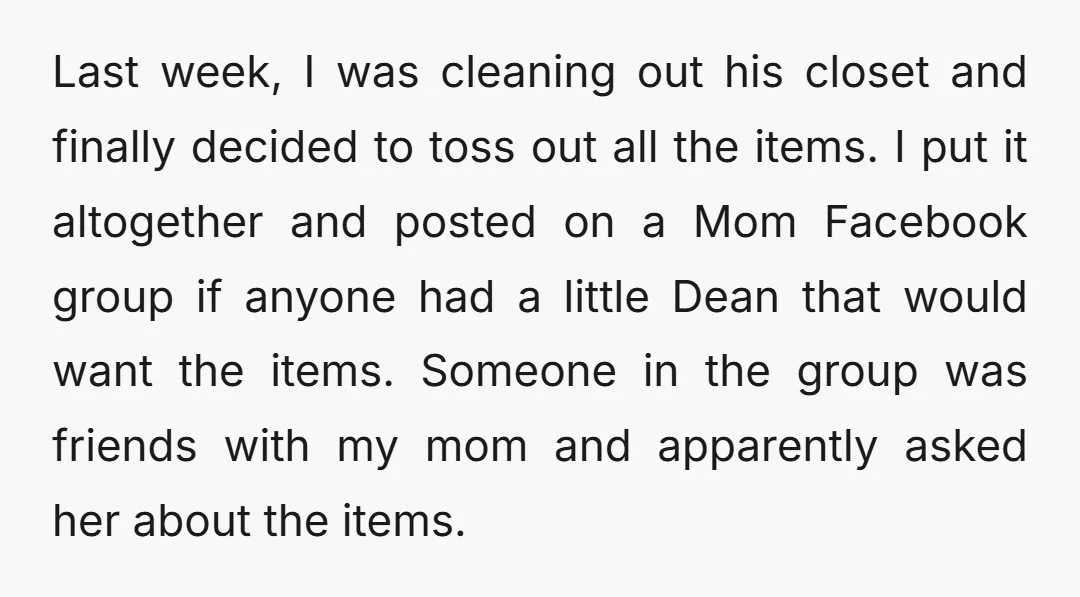 Last week, I was cleaning out his closet and finally decided to toss out all the items. I put it altogether and posted on a Mom Facebook group if anyone...