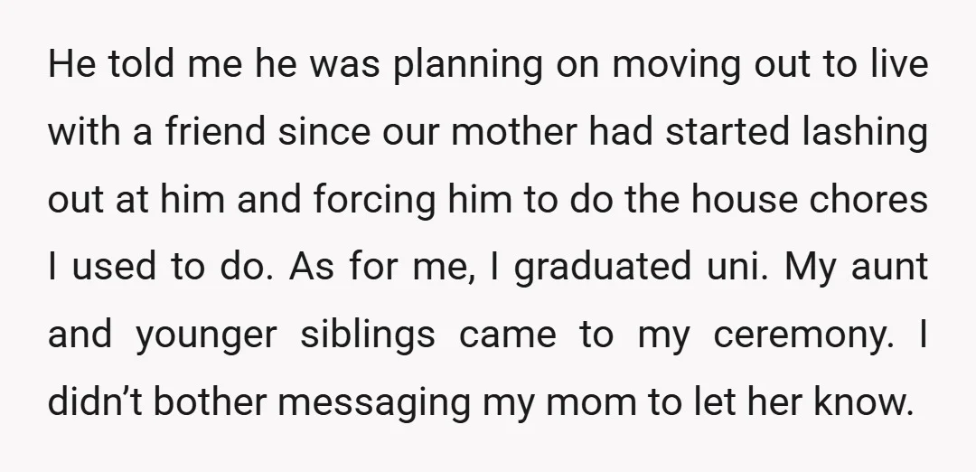 He told me he was planning on moving out to live with a friend since our mother had started lashing out at him and forcing him to do the house...