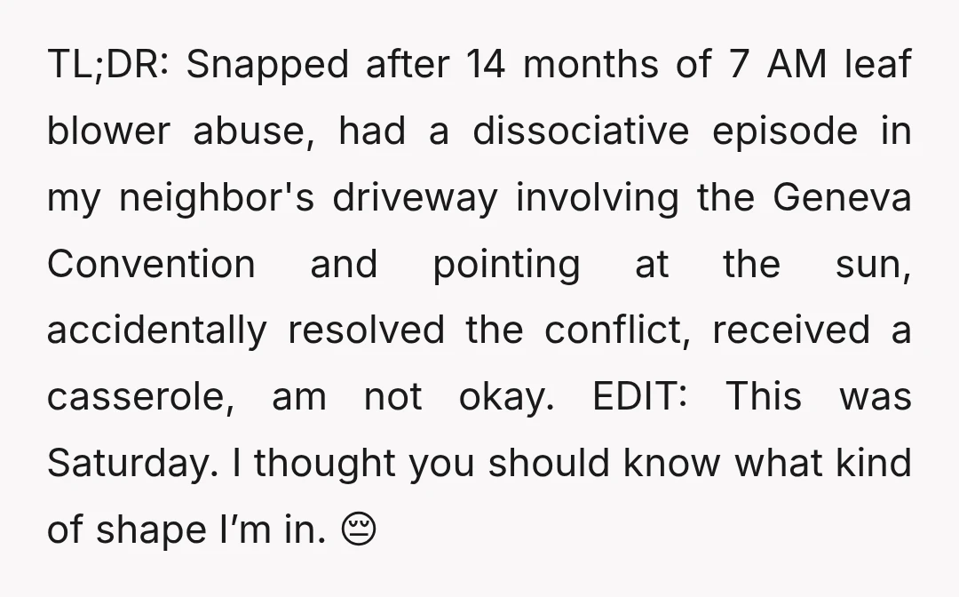 TL;DR: Snapped after 14 months of 7 AM leaf blower abuse, had a dissociative episode in my neighbor's driveway involving the Geneva Convention and pointing at the sun, accidentally resolved...