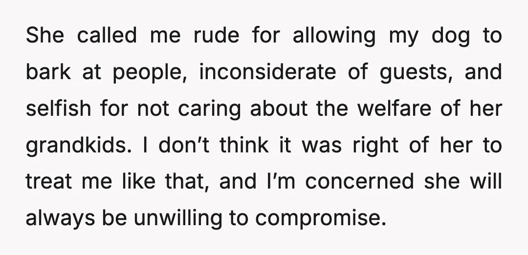 She called me rude for allowing my dog to bark at people, inconsiderate of guests, and selfish for not caring about the welfare of her grandkids. I don’t think it...