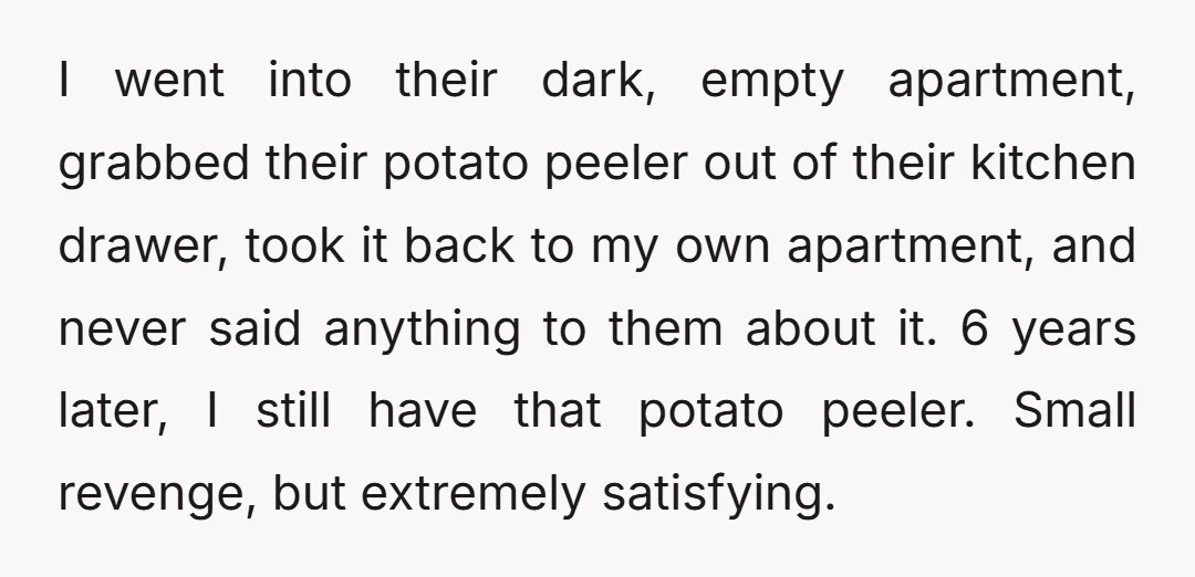 I went into their dark, empty apartment, grabbed their potato peeler out of their kitchen drawer, took it back to my own apartment, and never said anything to them about...