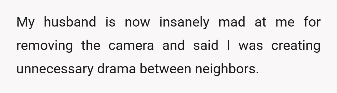 My husband is now insanely mad at me for removing the camera and said I was creating unnecessary drama between neighbors.