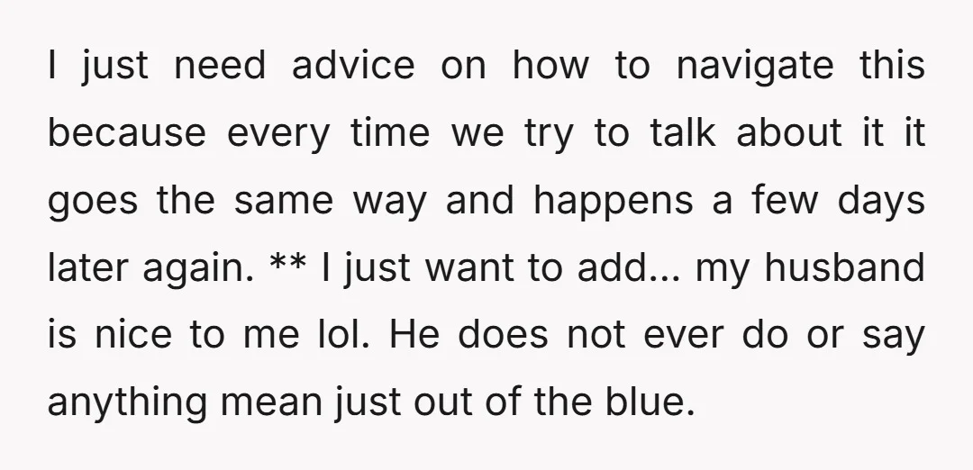 I just need advice on how to navigate this because every time we try to talk about it it goes the same way and happens a few days later again....