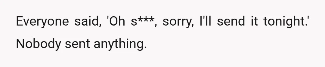 Everyone said, 'Oh s***, sorry, I'll send it tonight.' Nobody sent anything.