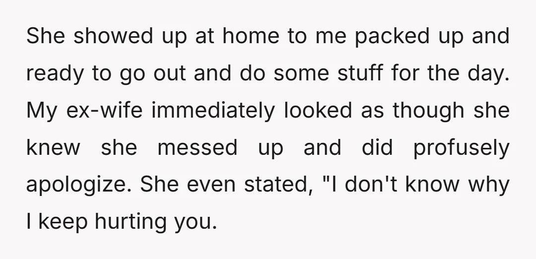 She showed up at home to me packed up and ready to go out and do some stuff for the day. My ex-wife immediately looked as though she knew she...