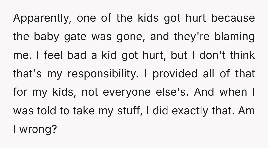 Apparently, one of the kids got hurt because the baby gate was gone, and they're blaming me. I feel bad a kid got hurt, but I don't think that's my...