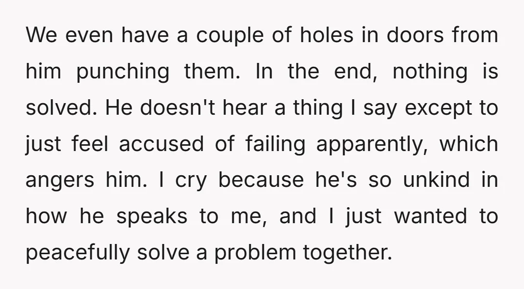 We even have a couple of holes in doors from him punching them. In the end, nothing is solved. He doesn't hear a thing I say except to just feel...