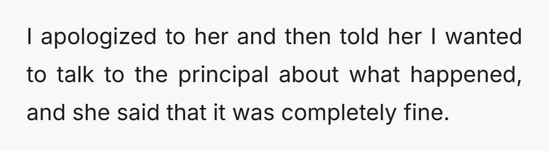 I apologized to her and then told her I wanted to talk to the principal about what happened, and she said that it was completely fine.