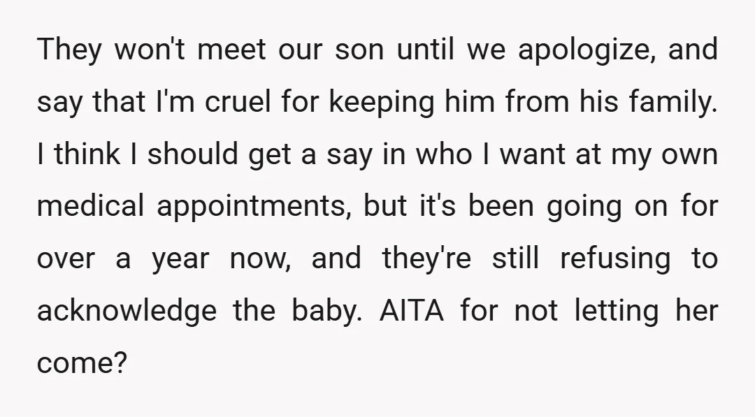 They won't meet our son until we apologize, and say that I'm cruel for keeping him from his family. I think I should get a say in who I want...