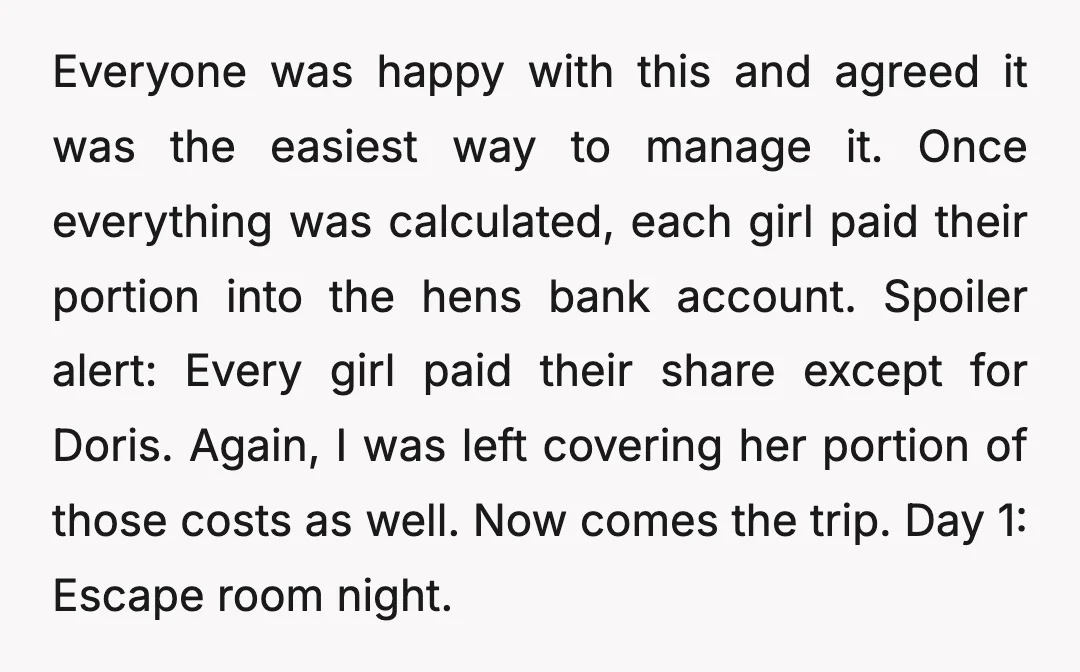 Everyone was happy with this and agreed it was the easiest way to manage it. Once everything was calculated, each girl paid their portion into the hens bank account. Spoiler...