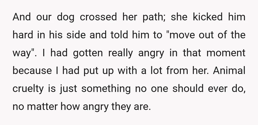 And our dog crossed her path; she kicked him hard in his side and told him to "move out of the way". I had gotten really angry in that moment...