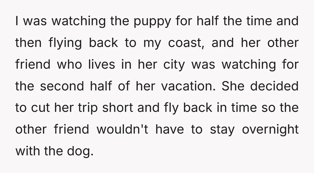 I was watching the puppy for half the time and then flying back to my coast, and her other friend who lives in her city was watching for the second...