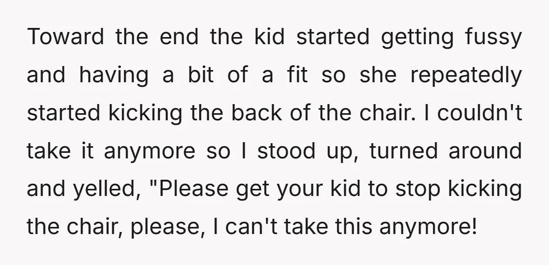 Toward the end the kid started getting fussy and having a bit of a fit so she repeatedly started kicking the back of the chair. I couldn't take it anymore...