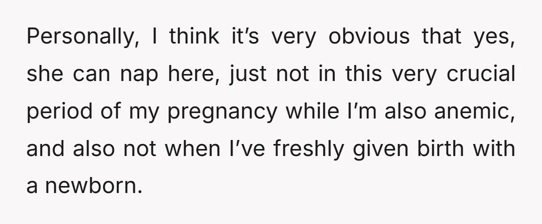 Personally, I think it’s very obvious that yes, she can nap here, just not in this very crucial period of my pregnancy while I’m also anemic, and also not when...