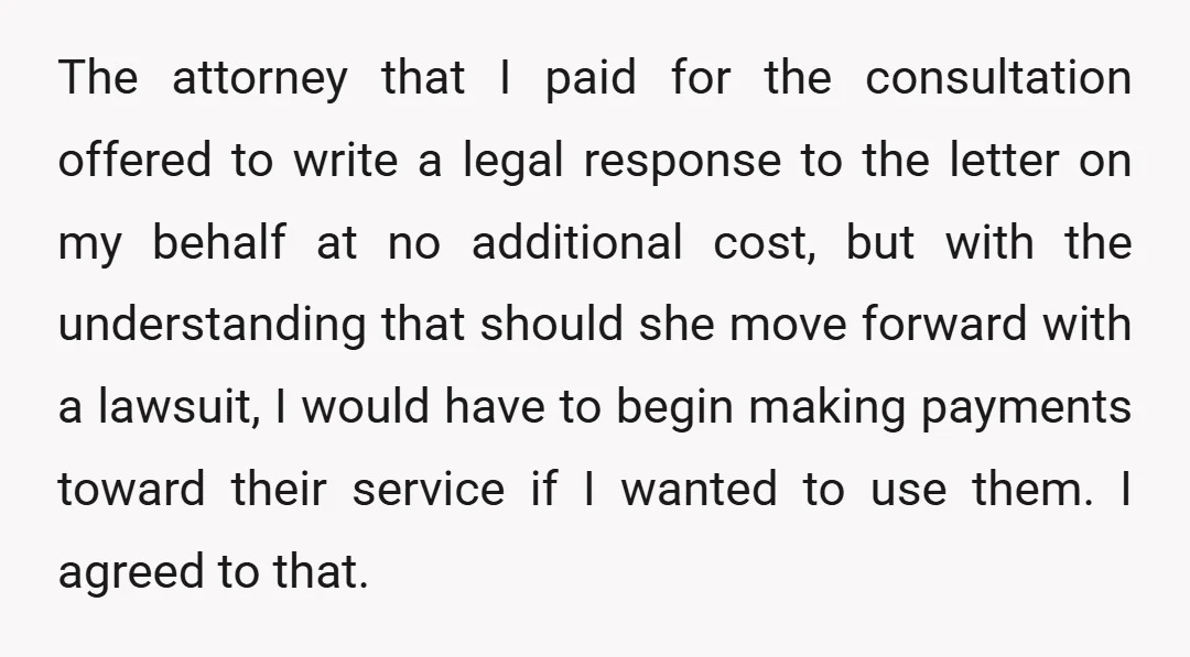 The attorney that I paid for the consultation offered to write a legal response to the letter on my behalf at no additional cost, but with the understanding that should...