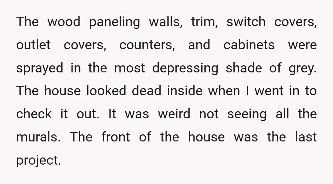 The wood paneling walls, trim, switch covers, outlet covers, counters, and cabinets were sprayed in the most depressing shade of grey. The house looked dead inside when I went in...
