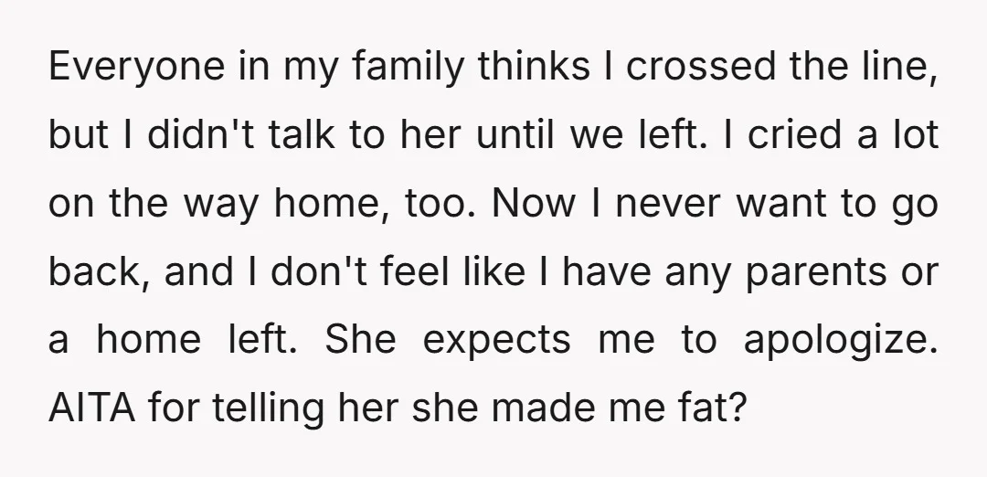 Everyone in my family thinks I crossed the line, but I didn't talk to her until we left. I cried a lot on the way home, too. Now I never...