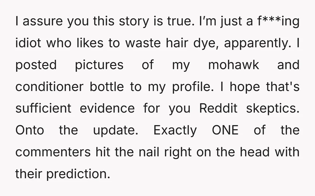 I assure you this story is true. I’m just a f***ing idiot who likes to waste hair dye, apparently. I posted pictures of my mohawk and conditioner bottle to my...