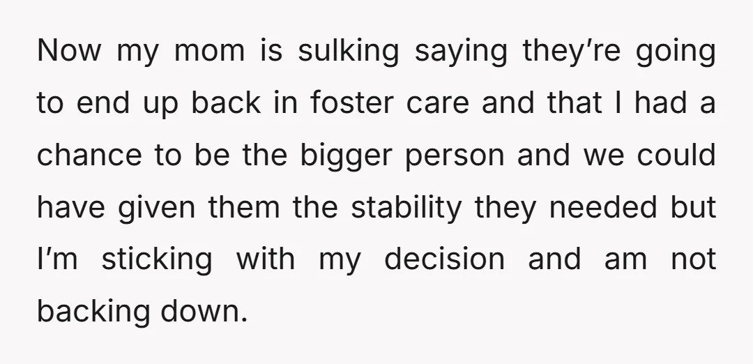 Now my mom is sulking saying they’re going to end up back in foster care and that I had a chance to be the bigger person and we could have...