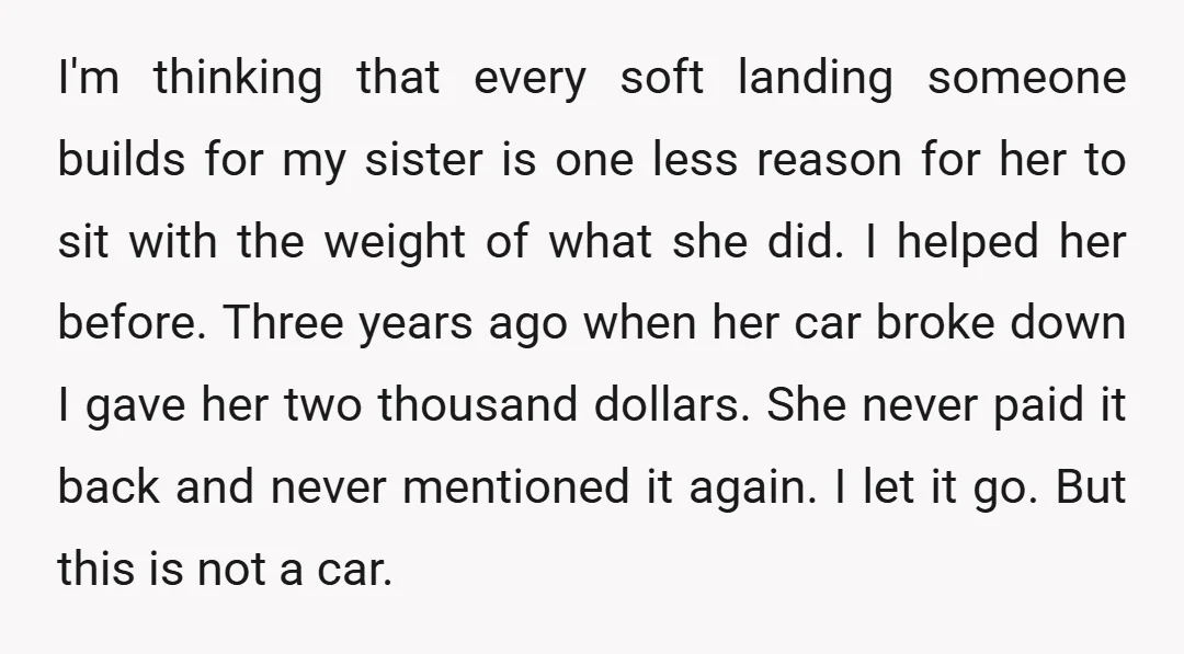 I'm thinking that every soft landing someone builds for my sister is one less reason for her to sit with the weight of what she did. I helped her before....