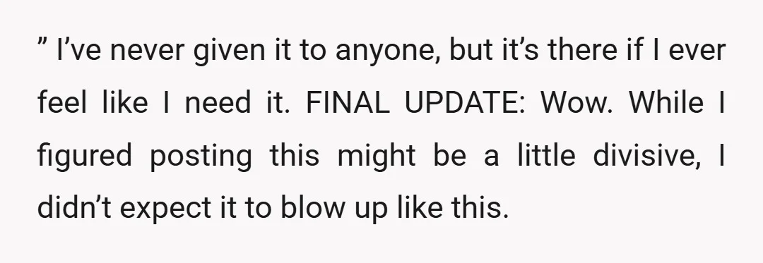 ” I’ve never given it to anyone, but it’s there if I ever feel like I need it. FINAL UPDATE: Wow. While I figured posting this might be a little...