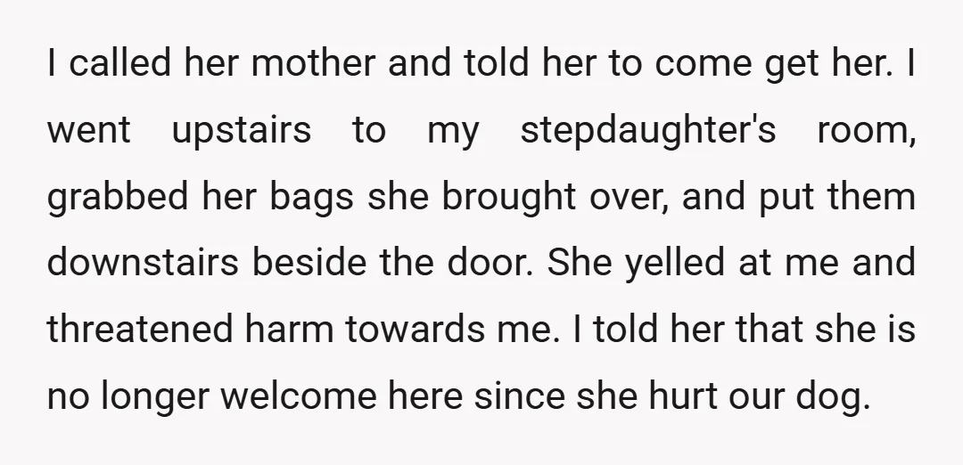 I called her mother and told her to come get her. I went upstairs to my stepdaughter's room, grabbed her bags she brought over, and put them downstairs beside the...
