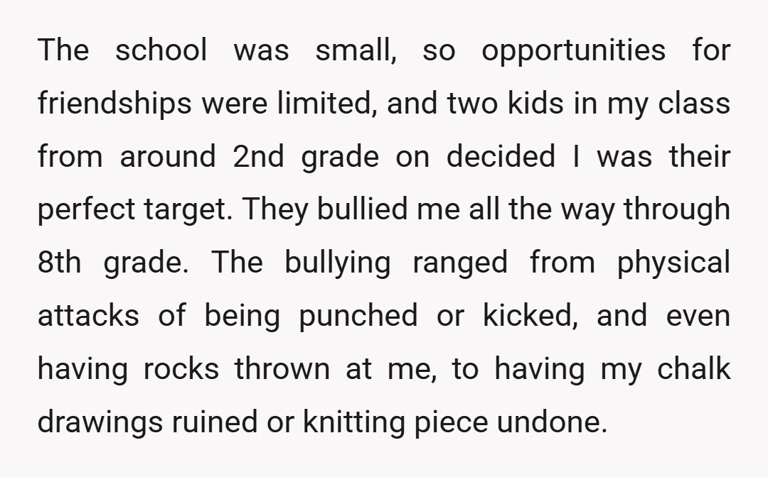 The school was small, so opportunities for friendships were limited, and two kids in my class from around 2nd grade on decided I was their perfect target. They bullied me...