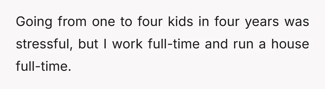 Going from one to four kids in four years was stressful, but I work full-time and run a house full-time.