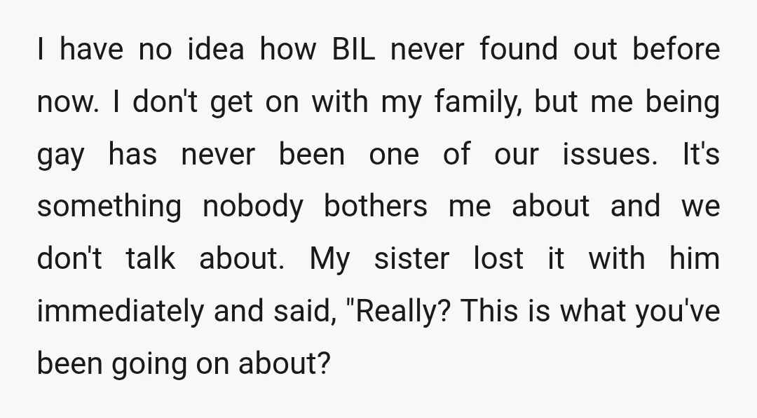 I have no idea how BIL never found out before now. I don't get on with my family, but me being gay has never been one of our issues. It's...