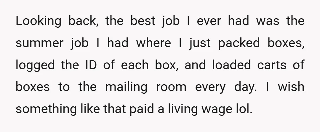 Looking back, the best job I ever had was the summer job I had where I just packed boxes, logged the ID of each box, and loaded carts of boxes...