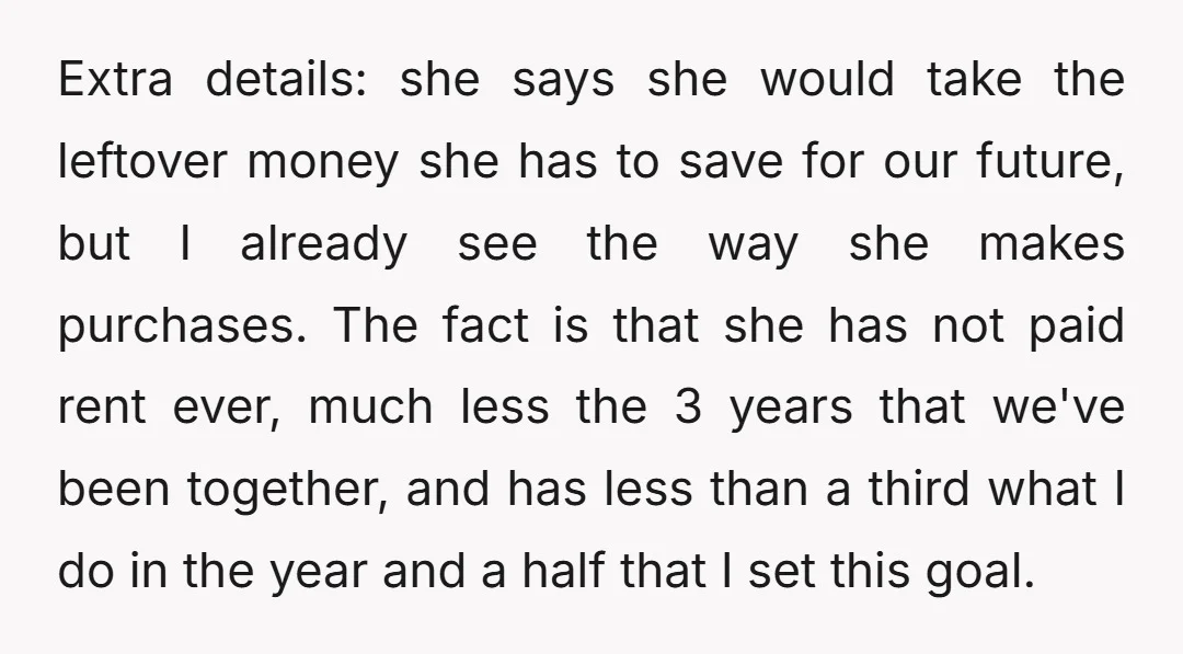 Extra details: she says she would take the leftover money she has to save for our future, but I already see the way she makes purchases. The fact is that...