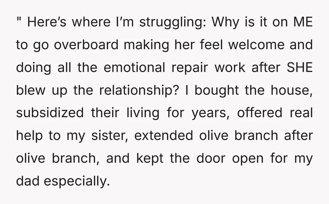 " Here’s where I’m struggling: Why is it on ME to go overboard making her feel welcome and doing all the emotional repair work after SHE blew up the relationship?...