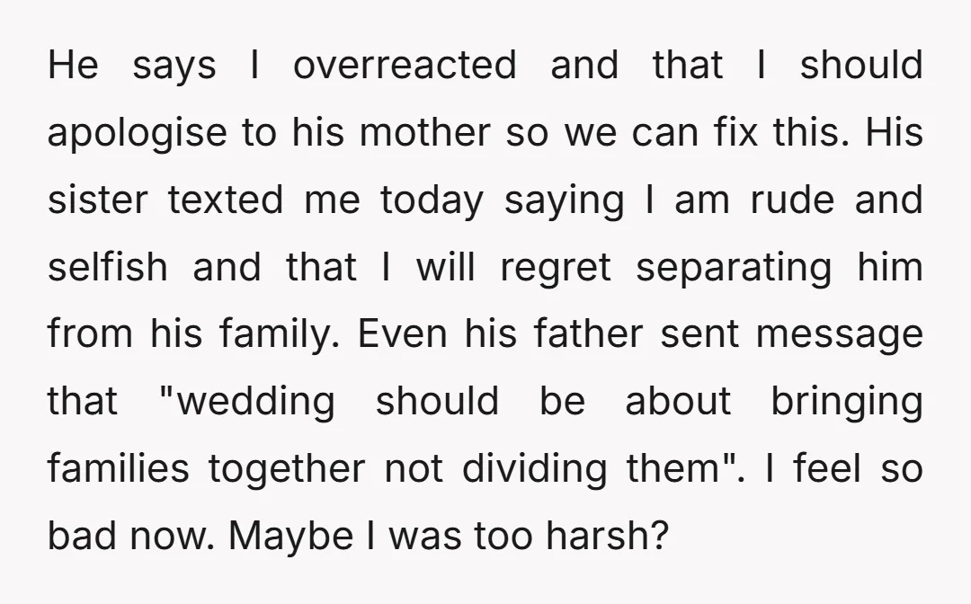 He says I overreacted and that I should apologise to his mother so we can fix this. His sister texted me today saying I am rude and selfish and that...