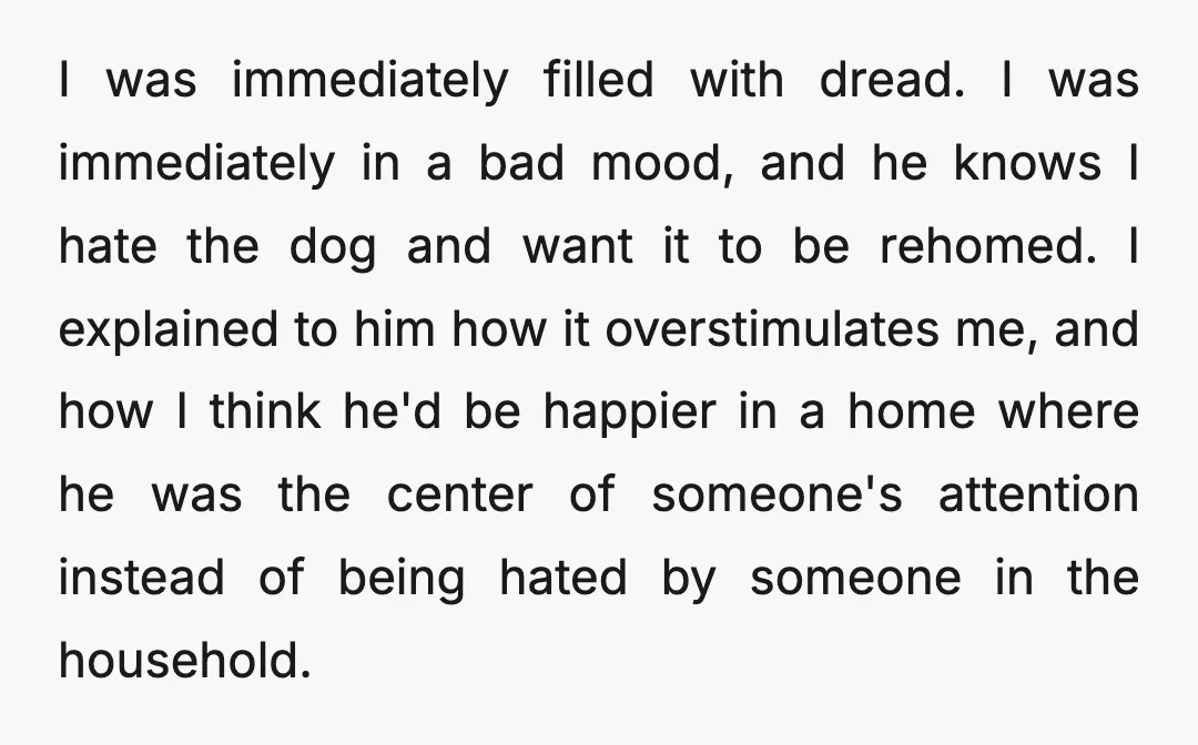I was immediately filled with dread. I was immediately in a bad mood, and he knows I hate the dog and want it to be rehomed. I explained to him...